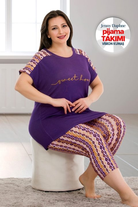 Mor Desenli Büyük Beden Kısa Kol Viskon Kapri Pijama Takımı Lady 10671 - 2