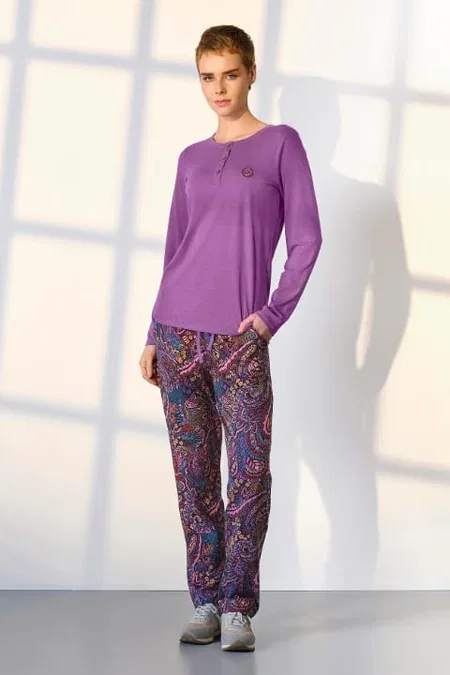 Mor Desenli Modal Pamuklu Kadın Pijama Takımı Doreanse 4039 - Mor