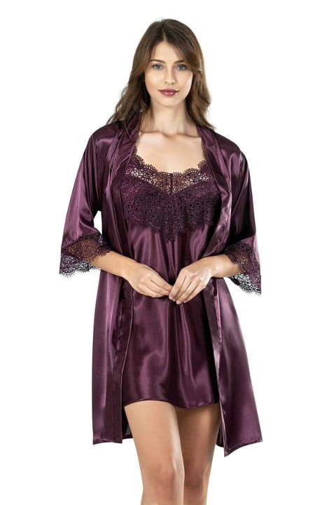 Mürdüm Saten Kısa İkili Gecelik Takımı Ahu 7607