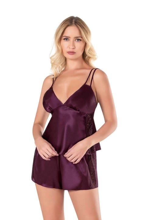 Mürdüm Saten Babydoll Şort Takımı Ahu 9120