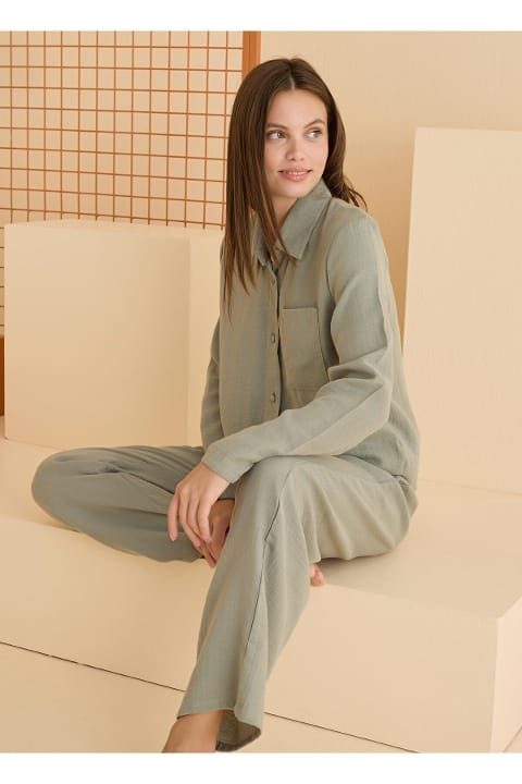 NBB Müslin Önden Düğmeli Kadın Pijama Takım Haki NBB 68084