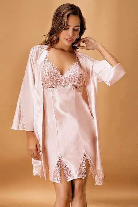 Saten Kimono Takım Polyester NBB 5325 - Pudra