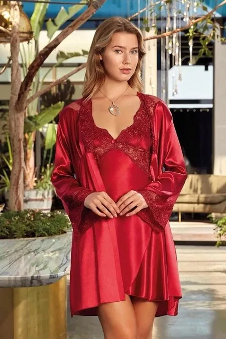 Saten Kimono Takım Pembe Nurteks 5344 - Bordo