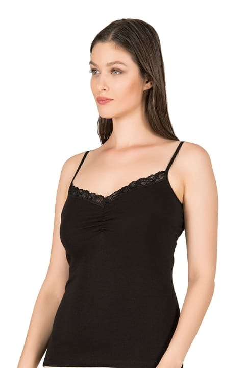 Önü Büzgülü Dantelli Pamuklu İp Askılı Kadın Atlet Özkan 3167 - Siyah