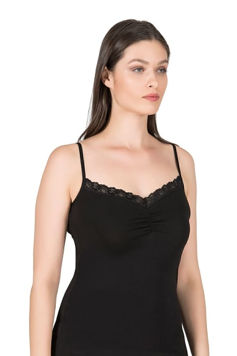 Önü Büzgülü Dantelli Pamuklu İp Askılı Kadın Atlet Özkan 3167 - Siyah