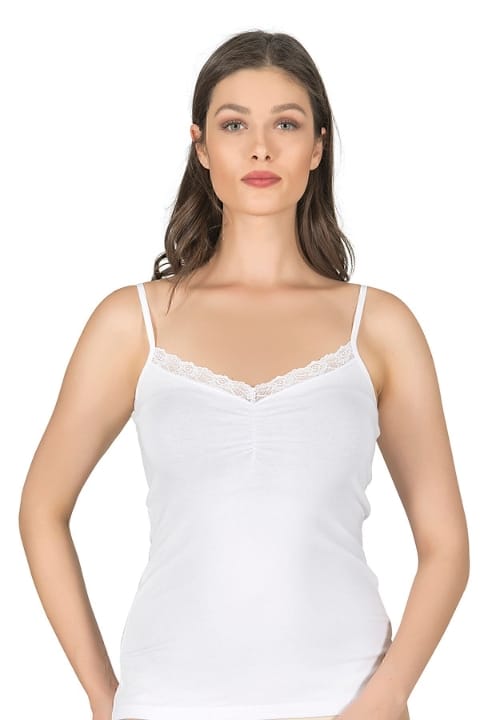 Önü Büzgülü Dantelli Pamuklu İp Askılı Kadın Atlet Özkan 3167