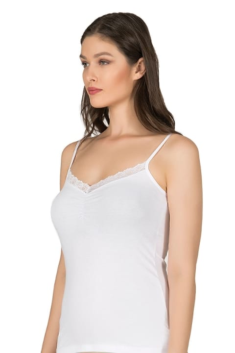 Önü Büzgülü Dantelli Pamuklu İp Askılı Kadın Atlet Özkan 3167 - Beyaz