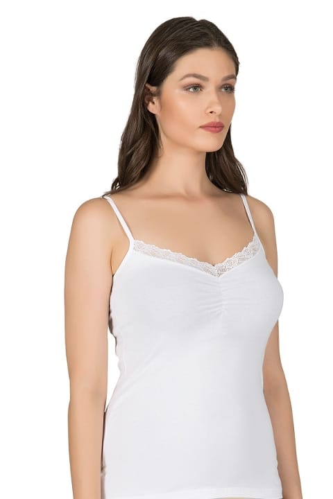 Önü Büzgülü Dantelli Pamuklu İp Askılı Kadın Atlet Özkan 3167 - Beyaz