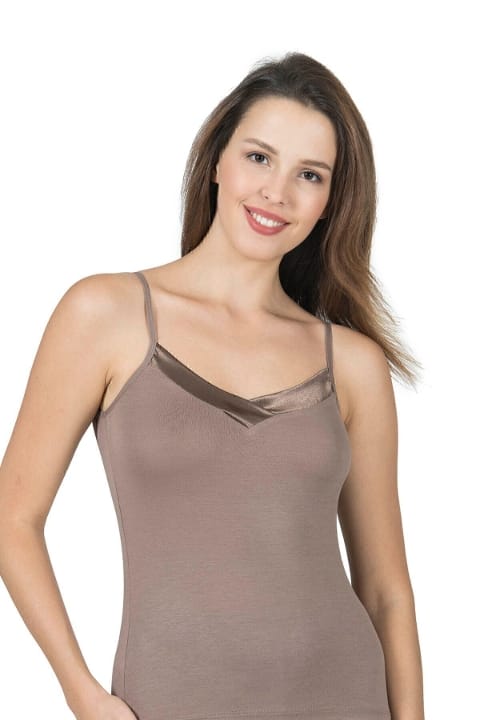 Esnek Viskon Saten Yakalı İnce Askılı Atlet Özkan 2040 - Kahverengi