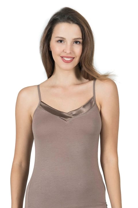 Esnek Viskon Saten Yakalı İnce Askılı Atlet Özkan 2040 - Kahverengi