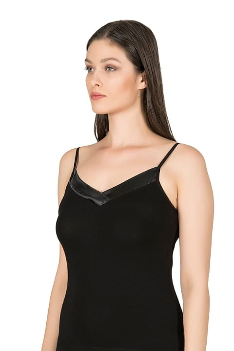 Esnek Viskon Saten Yakalı İnce Askılı Atlet Özkan 2040 - Siyah