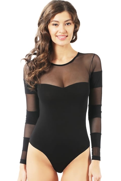 Pamuklu Tül Detaylı Uzun Kollu Body Özkan 22773 - Siyah