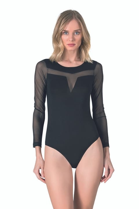 Uzun Kollu Tül Detaylı Body Özkan 25261 - Siyah