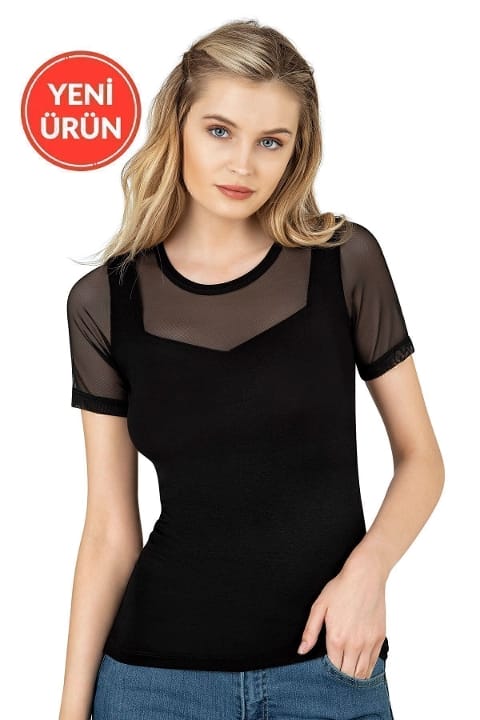 Viskon Elastan Tül Detaylı Kısa Kollu T-Shirt Özkan 26981 - Siyah