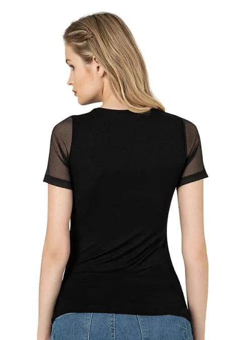 Viskon Elastan Tül Detaylı Kısa Kollu T-Shirt Özkan 26981 - Siyah