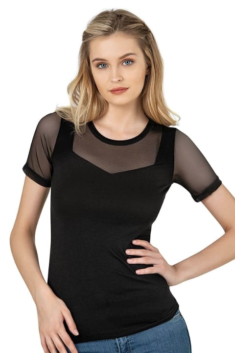 Viskon Elastan Tül Detaylı Kısa Kollu T-Shirt Özkan 26981 - Siyah