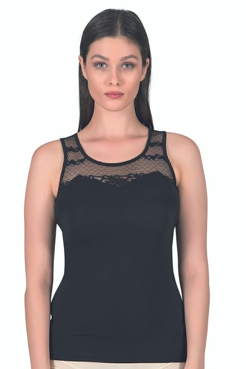 Pamuklu Dantelli Robalı Kadın Atlet Özkan 24185 - Siyah