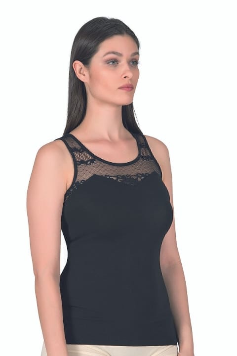 Pamuklu Dantelli Robalı Kadın Atlet Özkan 24185 - Siyah