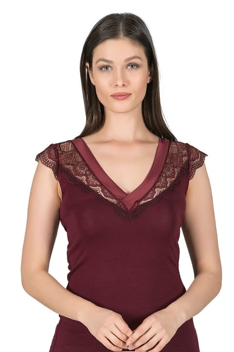 Pamuklu Modal Saten Yaka Dantel Kadın Atlet Özkan 25430 - Bordo