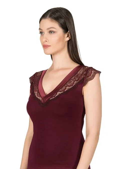 Pamuklu Modal Saten Yaka Dantel Kadın Atlet Özkan 25430 - Bordo