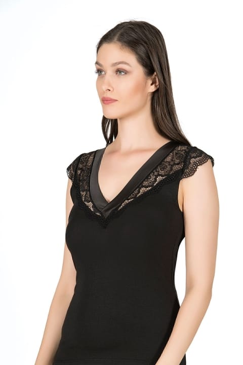 Pamuklu Modal Saten Yaka Dantel Kadın Atlet Özkan 25430 - Siyah