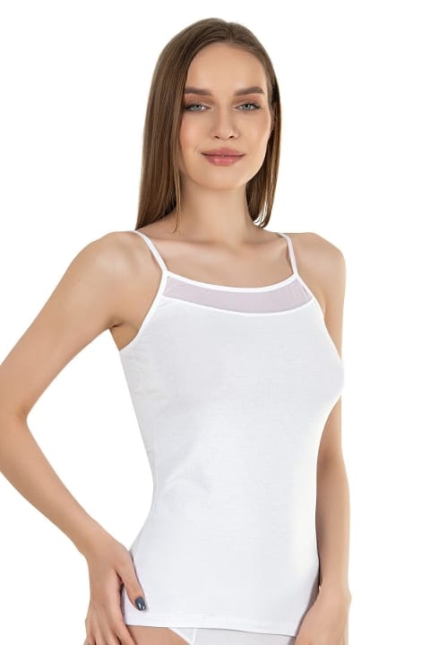 Pamuklu Modal Tül Detaylı İnce Askılı Kadın Atlet Özkan 26819 - Beyaz