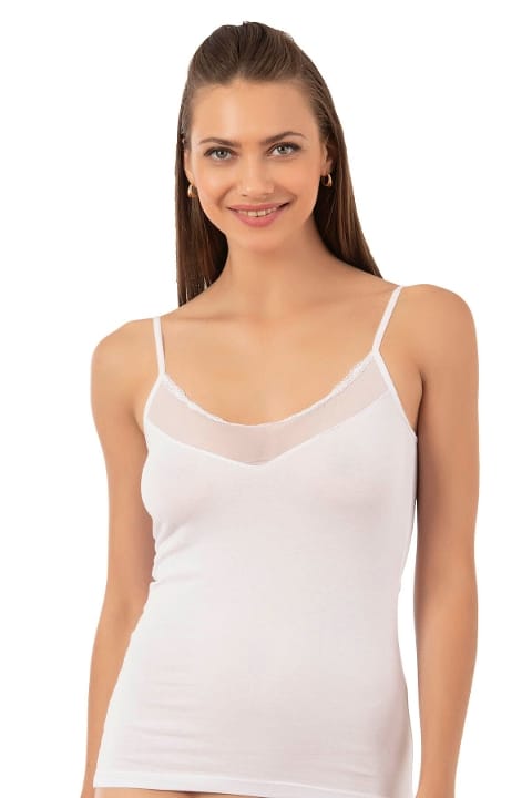 Pamuklu Tül Detaylı İnce Askılı Kadın Atlet Özkan 20572 - Beyaz