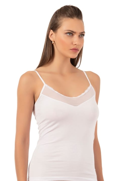 Pamuklu Tül Detaylı İnce Askılı Kadın Atlet Özkan 20572 - Beyaz