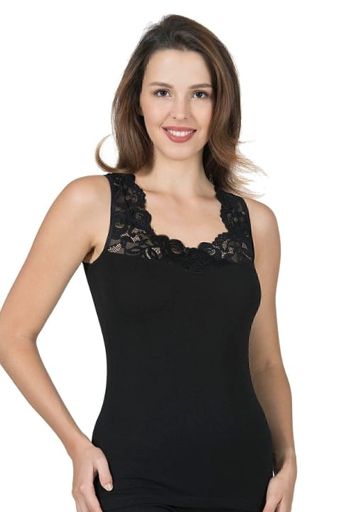 Pamuklu Dantelli Kalın Askılı Kadın Atlet Özkan 25348 - Siyah