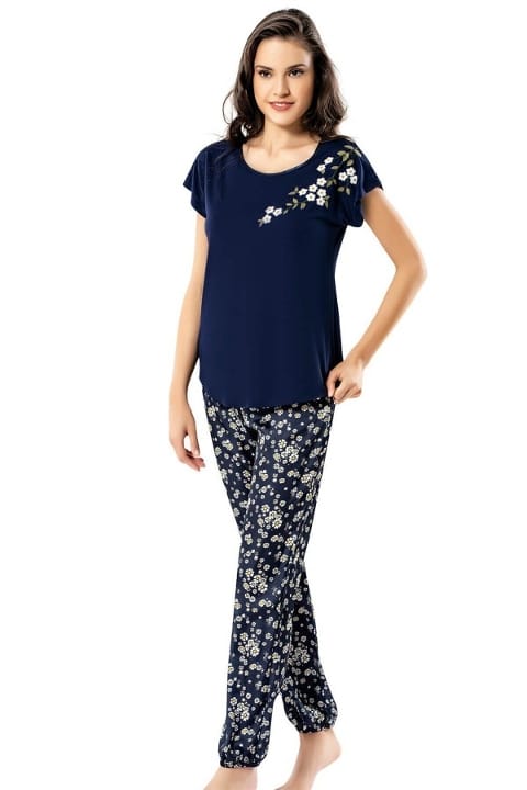 Papatya Desenli Yumuşak Penye Pijama Takımı Ahu 1753 - Lacivert
