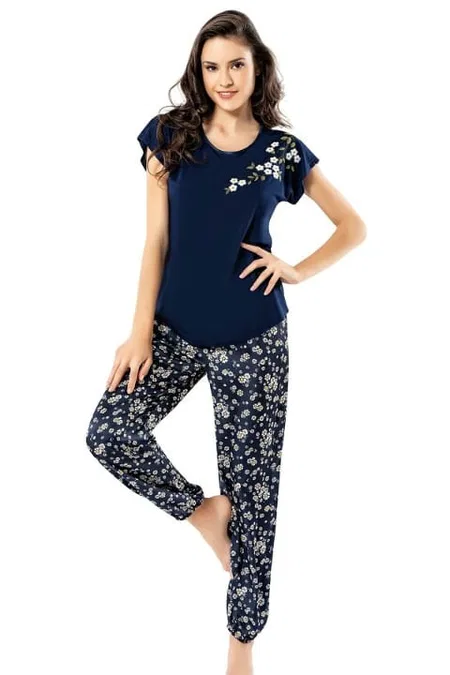 Papatya Desenli Yumuşak Penye Pijama Takımı Ahu 1753 - Lacivert