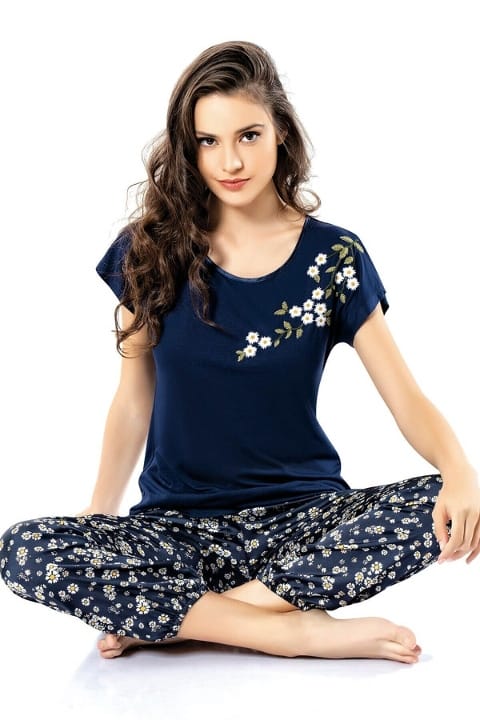 Papatya Desenli Yumuşak Penye Pijama Takımı Ahu 1753 - Lacivert