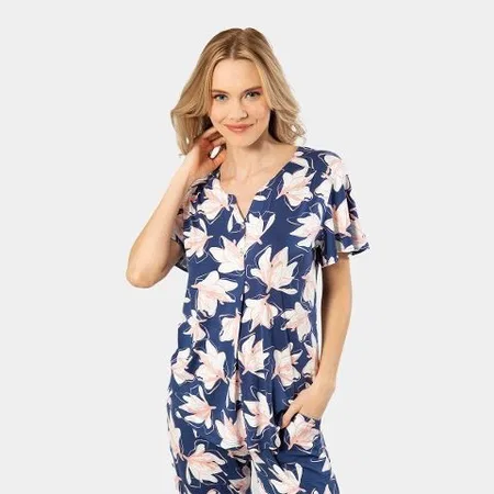 Patlı Örme Kısa Kollu Gömlek Yaka Kadın Pijama Takımı Viskon Elastan Türen 3606 - Lacivert