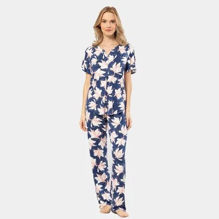 Patlı Örme Kısa Kollu Gömlek Yaka Kadın Pijama Takımı Viskon Elastan Türen 3606 - Lacivert