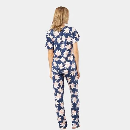 Patlı Örme Kısa Kollu Gömlek Yaka Kadın Pijama Takımı Viskon Elastan Türen 3606 - Lacivert