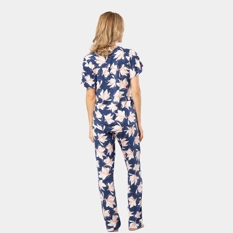 Patlı Örme Kısa Kollu Gömlek Yaka Kadın Pijama Takımı Viskon Elastan Türen 3606 - Lacivert