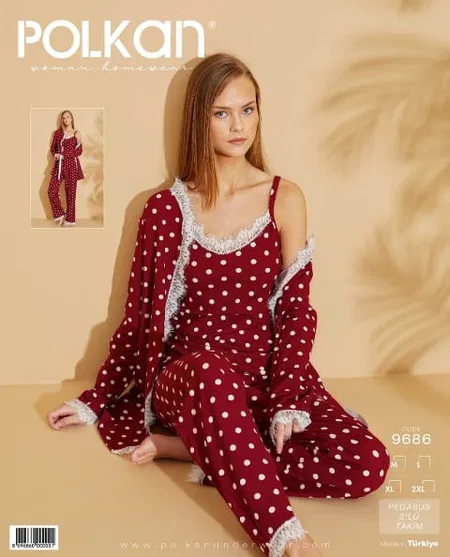 Polkan Bordo Puantiyeli Uzun Kollu Pijama Takımı Polkan 9686