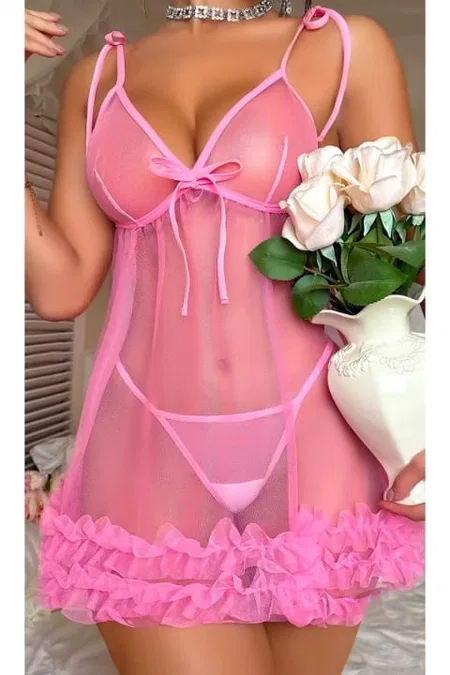 Pembe Dantel Transparan Tül Gecelik Tanga Takımı Ruselin 2096 - Pembe