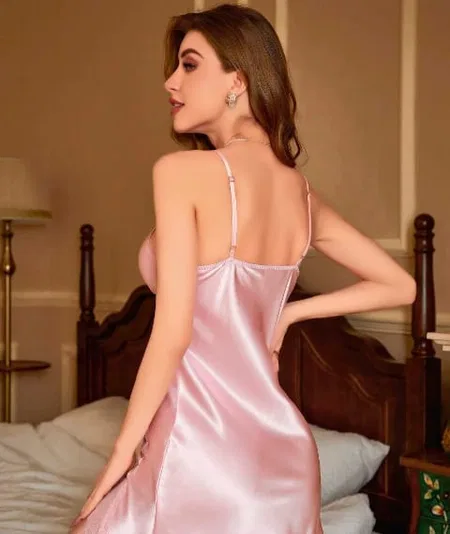 Dantelli Saten Kadın Gecelik Pembe Leopar Lily Bianca 459 - Pembe