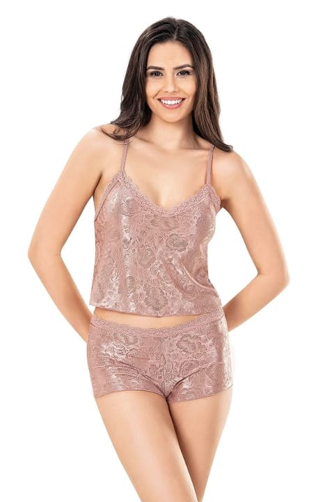 Pembe Jakarlı Dantel Detaylı Şort Takımı Ahu 9155