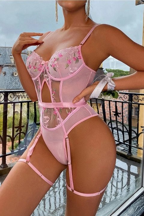 Pembe Transparan Dantel Desenli Fantezi Body For Dreams 8413 - Pembe