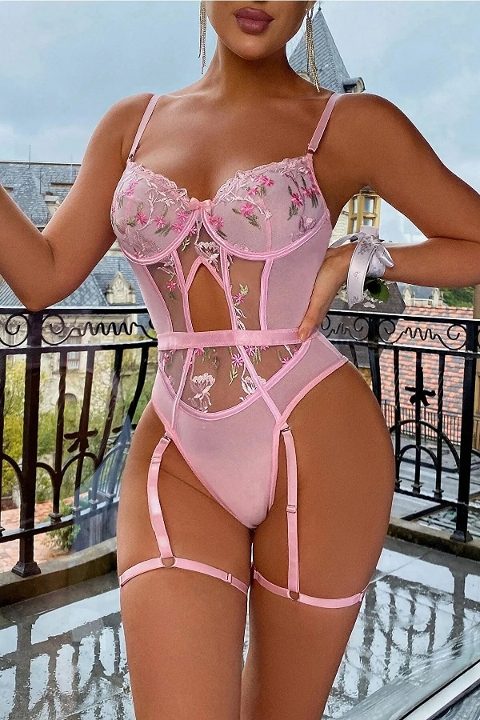 Pembe Transparan Dantel Desenli Fantezi Body For Dreams 8413 - Pembe