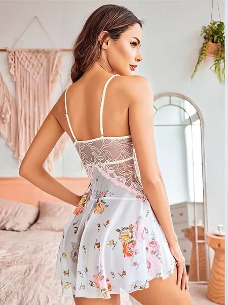 Pembe Tül Dantelli Çiçekli Fantezi Body Pink Night 3725 - Pembe