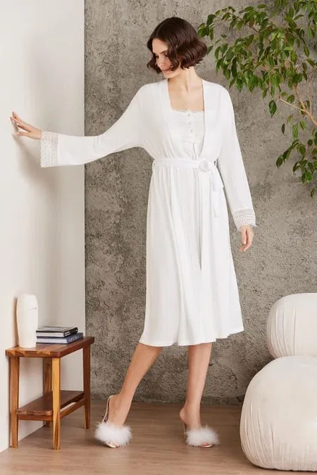 Penye Dantelli Kare Yaka Gecelik Sabahlık Takım Pierre Cardin 4005  - Ekru