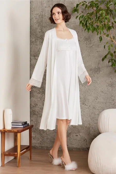 Penye Dantelli Kare Yaka Gecelik Sabahlık Takım Pierre Cardin 4005  - Ekru
