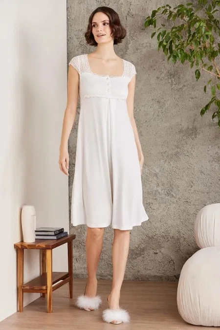 Penye Dantelli Kare Yaka Gecelik Sabahlık Takım Pierre Cardin 4005  - Ekru