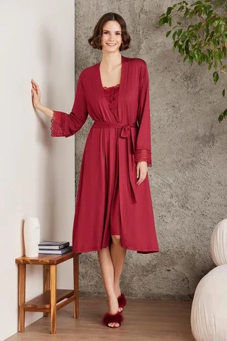 Penye Dantelli Kare Yaka Gecelik Sabahlık Takım Pierre Cardin 4005  - Bordo