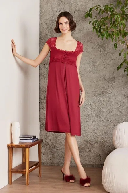 Penye Dantelli Kare Yaka Gecelik Sabahlık Takım Pierre Cardin 4005  - Bordo