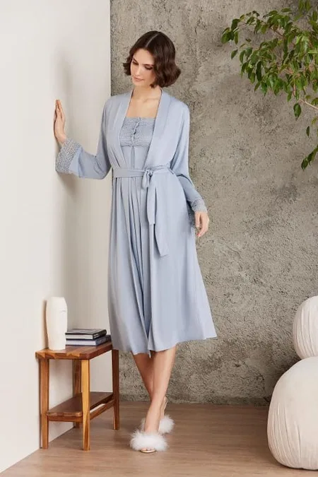 Pierre Cardin Penye Dantelli Kare Yaka Gecelik Sabahlık Takım Pierre Cardin 4005  - Görsel 7