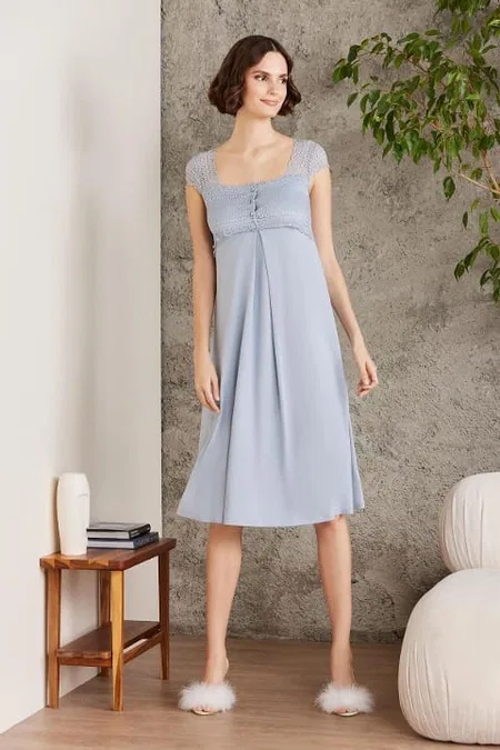 Pierre Cardin Penye Dantelli Kare Yaka Gecelik Sabahlık Takım Pierre Cardin 4005  - Görsel 8